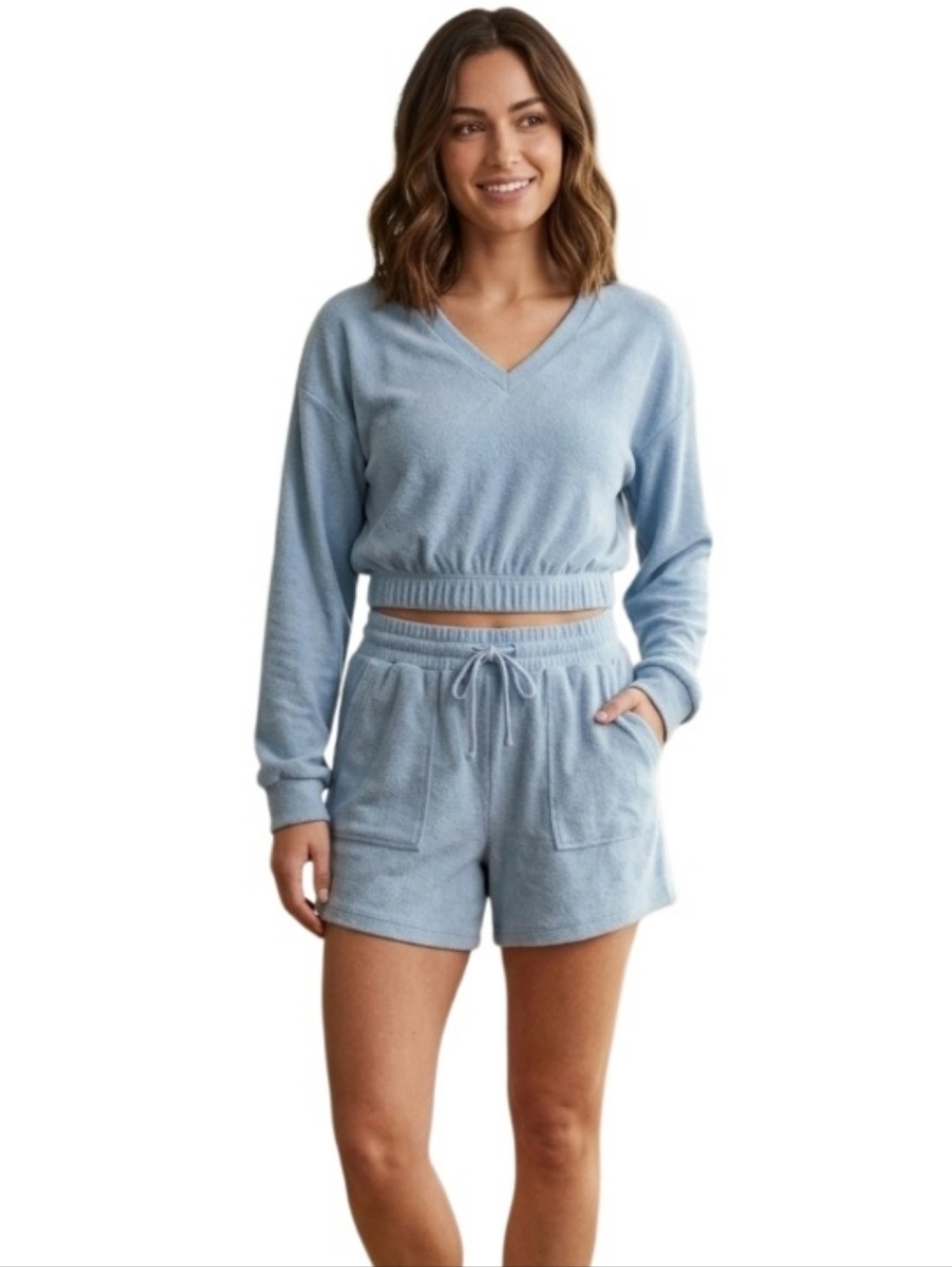 ACTIVE USA Set of Blue Gray Cropped Top & Drawstring Shorts with Pockets NWOT